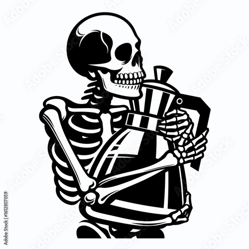 Skeleton hugging coffee pot National Day. Cartoon Minimal Clipart Silhouette Vector Illustration Line Art Illustration. Bony figure embracing java carafe a brew celebration on holiday.