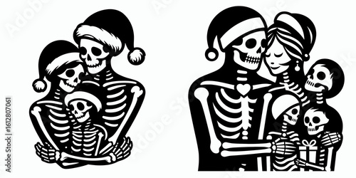 Skeleton hugging family Christmas Eve. Cartoon Minimal Clipart Silhouette Vector Illustration Line Art Illustration. Bone embracing kin yuletide evening.