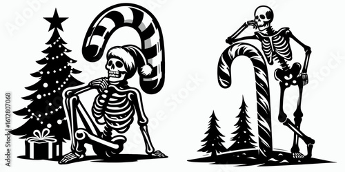 Skeleton leaning on candy cane Christmas Eve. Cartoon Minimal Clipart Silhouette Vector Illustration Line Art Illustration. Bony figure resting upon festive treat xmas evening holiday.