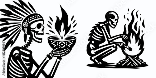 Skeleton lighting a fire Indigenous Peoples Day. Cartoon Minimal Clipart Silhouette Vector Illustration Line Art Illustration. Bony figure making blaze for native american heritage.