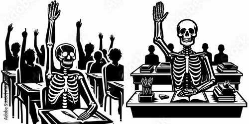 Skeleton raising hand in class Back to School. Cartoon Minimal Clipart Silhouette Vector Illustration Line Art Illustration. Bony figure volunteering query learning center start of academic.