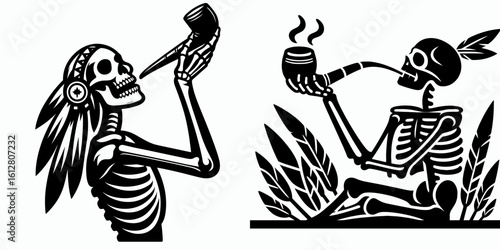 Skeleton raising peace pipe Indigenous Peoples Day. Cartoon Minimal Clipart Silhouette Vector Illustration Line Art Illustration. Bony figure offering calm symbol on native american heritage.