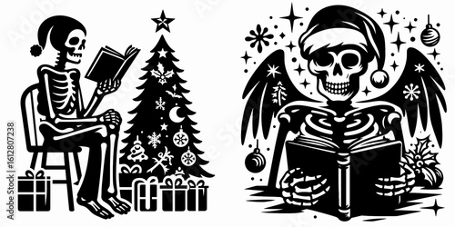 Wallpaper Mural Skeleton reading holiday book Christmas Eve. Cartoon Minimal Clipart Silhouette Vector Illustration Line Art Illustration. Bone figure enjoying winter occasion story on yuletide prior. Torontodigital.ca