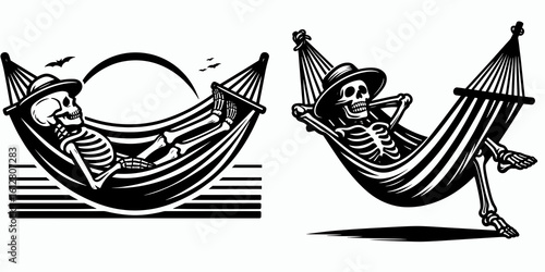 Skeleton relaxing in hammock Labor Day. Cartoon Minimal Clipart Silhouette Vector Illustration Line Art Illustration. Bony figure chilling sling seat holiday weekend rest.