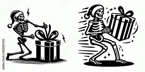 Skeleton shaking gift box Christmas Eve. Cartoon Minimal Clipart Silhouette Vector Illustration Line Art Illustration. Bony figure jiggling present container holiday night december twenty.