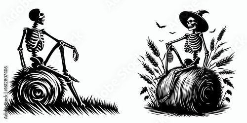 Skeleton sitting on hay bale Fall Equinox. Cartoon Minimal Clipart Silhouette Vector Illustration Line Art Illustration. Bony figure straw block autumn season event.