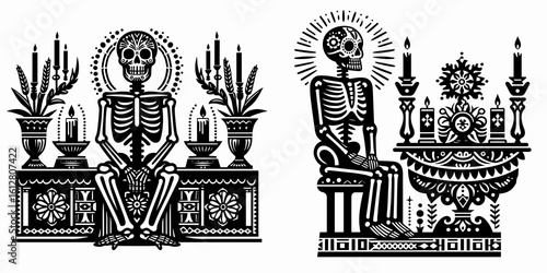 Skeleton sitting at altar Day of the Dead. Cartoon Minimal Clipart Silhouette Vector Illustration Line Art Illustration. Bone figure resting shrine mexican holiday remembrance observance.