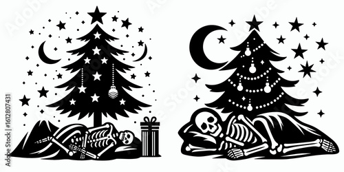 Skeleton sleeping under tree Christmas Eve. Cartoon Minimal Clipart Silhouette Vector Illustration Line Art Illustration. Bony figure dozing beneath plant Yuletide sunset observance.