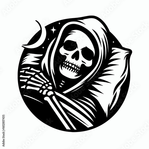 Skeleton sleeping in hoodie Winter Solstice. Cartoon Minimal Clipart Silhouette Vector Illustration Line Art Illustration. Bony figure dozing sweatshirt yearly shortest day holiday period.