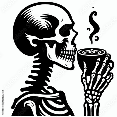 Skeleton smelling coffee aroma National Day. Cartoon Minimal Clipart Silhouette Vector Illustration Line Art Illustration. Bony figure enjoying java scent special celebration.