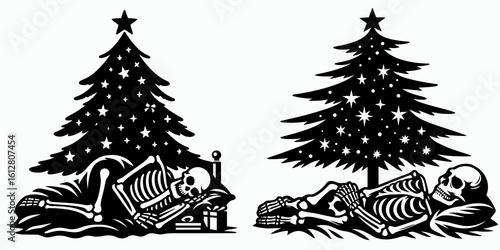 Skeleton sleeping under tree Christmas Eve. Cartoon Minimal Clipart Silhouette Vector Illustration Line Art Illustration. Bony figure resting below plant holiday night serene xmas nighttime.