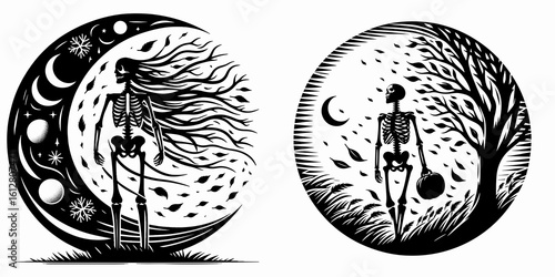 Skeleton standing in fall breeze Equinox. Cartoon Minimal Clipart Silhouette Vector Illustration Line Art Illustration. Bony figure autumn wind autumnal equinox day seasonal change.