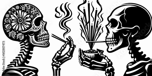 Skeleton smelling winter incense Solstice. Cartoon Minimal Clipart Silhouette Vector Illustration Line Art Illustration. Bone figure enjoys aroma of cold season spice during Yuletide.