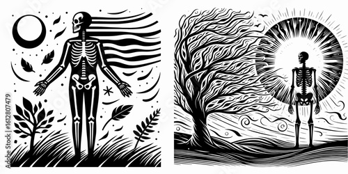 Skeleton standing in fall breeze Equinox. Cartoon Minimal Clipart Silhouette Vector Illustration Line Art Illustration. Bony figure at autumn air current seasonal change.