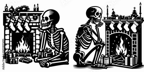 Skeleton staring at fireplace Christmas Eve. Cartoon Minimal Clipart Silhouette Vector Illustration Line Art Illustration. Bony figure watching hearth holiday night yuletide house.