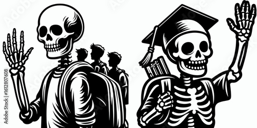 Skeleton waving to classmates Back School. Cartoon Minimal Clipart Silhouette Vector Illustration Line Art Illustration. Bony figure greeting pupils for return academic term in autumn.