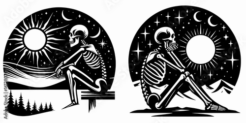 Skeleton watching night sky Winter Solstice. Cartoon Minimal Clipart Silhouette Vector Illustration Line Art Illustration. Bone figure views dark heaven yuletide.
