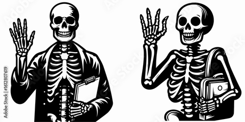 Skeleton waving to teacher Back School. Cartoon Minimal Clipart Silhouette Vector Illustration Line Art Illustration. Bony figure greeting educator academy kickoff autumn term.
