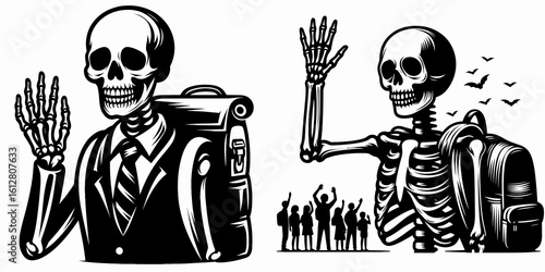 Skeleton waving to classmates Back School. Cartoon Minimal Clipart Silhouette Vector Illustration Line Art Illustration. Bony figure salutation schoolmates academic term return.