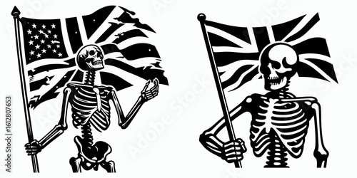 Skeleton waving union flag Labor Day. Cartoon Minimal Clipart Silhouette Vector Illustration Line Art Illustration. Bony figure displaying nation symbol for worker holiday celebration.