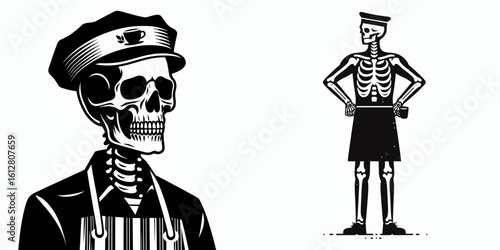 Skeleton wearing barista apron National Coffee Day. Cartoon Minimal Clipart Silhouette Vector Illustration Line Art Illustration. Bone figure in cook garment at java brew holiday caffeine.