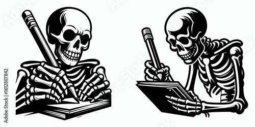 Skeleton writing with pencil Back to School. Cartoon Minimal Clipart Silhouette Vector Illustration Line Art Illustration. Bony figure sketching implement learn education begin academic year.