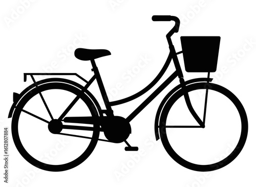 Classic city bicycle with a basket and rack, isolated vector silhouette icon.