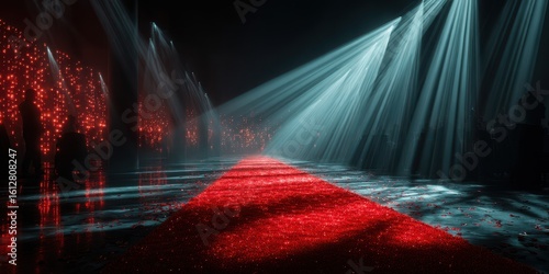 Spectacular red carpet event takes place under dramatic lighting in urban venue during night