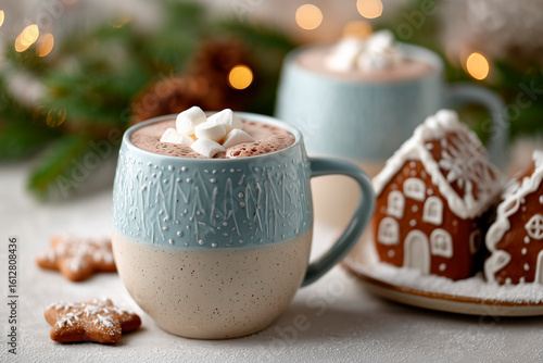 Wallpaper Mural A beautifully styled scene featuring a cozy mug of hot chocolate topped with marshmallows, accompanied by gingerbread cookies and festive decorations. Torontodigital.ca