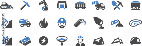Mining and Industrial Icons – Industry, Mine, Tools, Helmet, Excavator, Drill, Coal, Energy, Machinery, Power, Hard Hat, Construction, Factory, Equipment, Engineering, Work, Vector Pack
