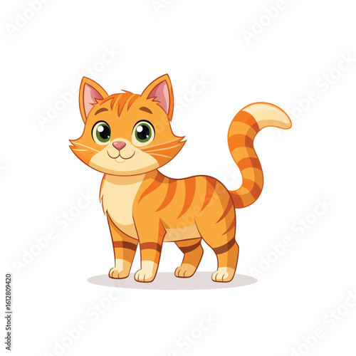 Adorable cartoon orange tabby cat with big expressive eyes sitting patiently isolated on a white background