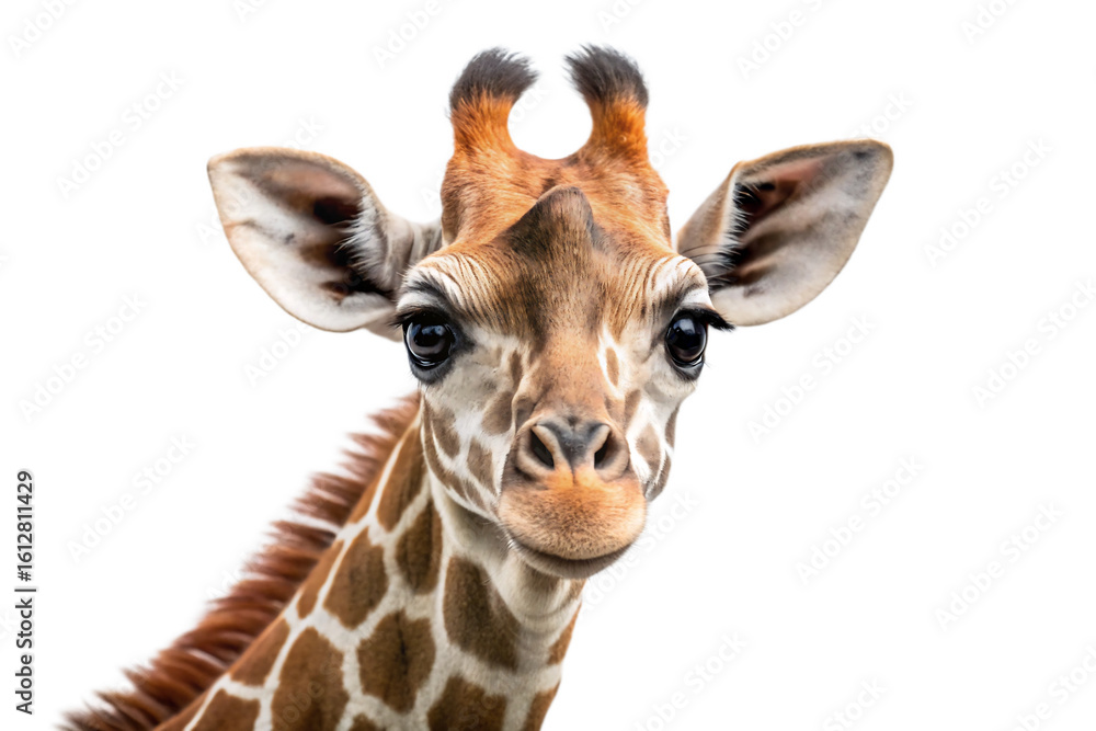 Obraz premium Close up portrait of a young giraffe with distinctive patterned fur against a stark black background