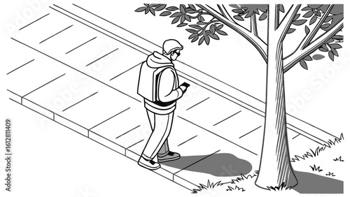 Isometric Line Art of Person Walking on Sidewalk, Engaged with Smartphone, Highlighting Digital Distraction and Urban Pedestrian Behavior