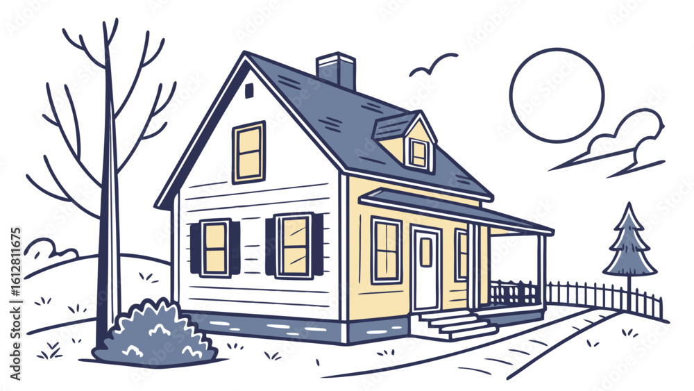 Obraz premium Charming Suburban House Illustration with Porch, Bare Tree, and Fence. Cozy Home Line Art Drawing in Minimalist Style with Landscape Elements and Sky.