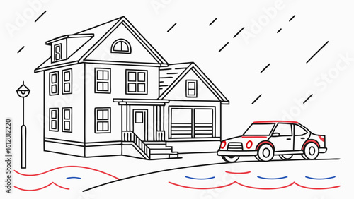 Residential House and Car Submerged in Floodwater During a Rainstorm - Line Art Illustration of Property Damage and Natural Disaster