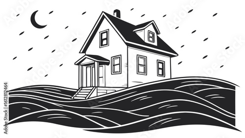 Black and White Illustration of a House on Wavy Water Under a Night Sky with Crescent Moon and Rain, Symbolizing Flood, Displacement, or Coastal Li...