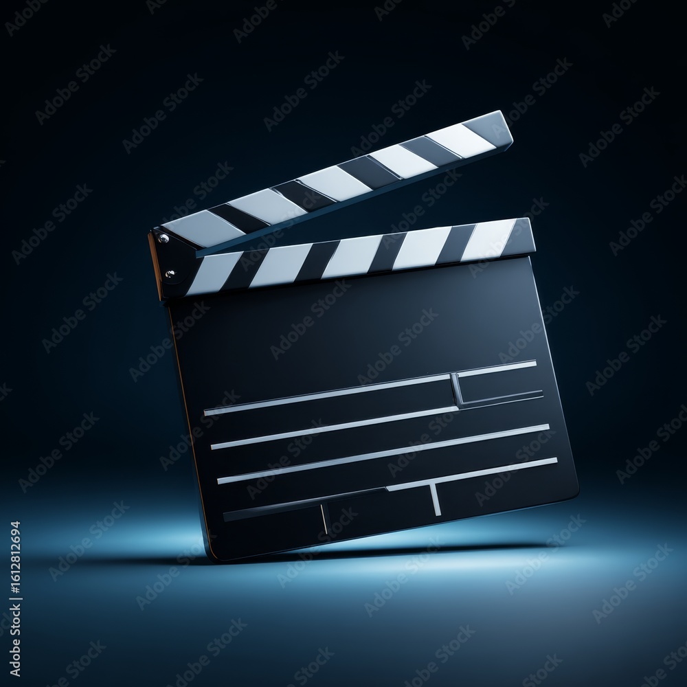 Fototapeta premium A close-up shot of a classic movie clapperboard, isolated against a dark background, ready to capture the next scene. This clapperboard evokes the excitement and artistry of filmmaking
