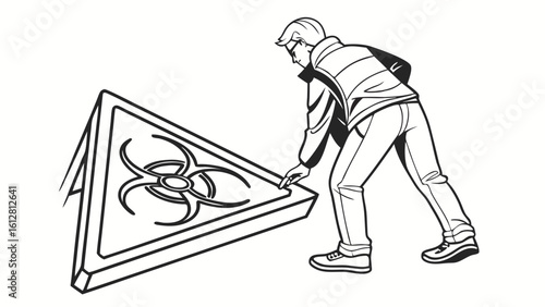 Person Placing Biohazard Warning Sign. Black and white line illustration of a triangular hazard symbol being set up, representing danger, biologica...