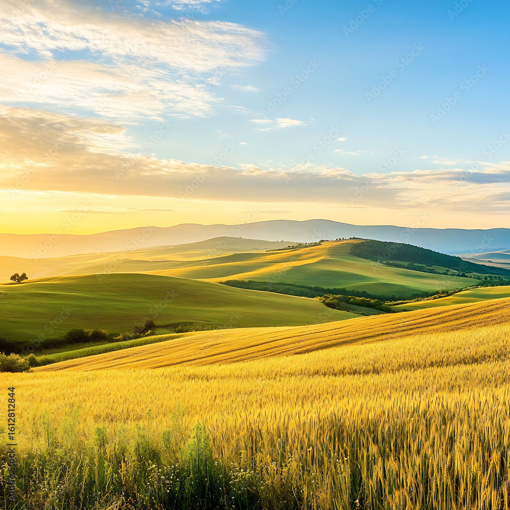 Fototapeta premium Sunny rural landscape with golden wheat field, farmhouse, and rolling hills under a blue sky. 