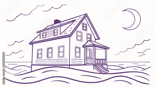 Whimsical House Floating on Wavy Water Under a Crescent Moon - Minimalist Line Art Illustration of a Coastal Home at Night