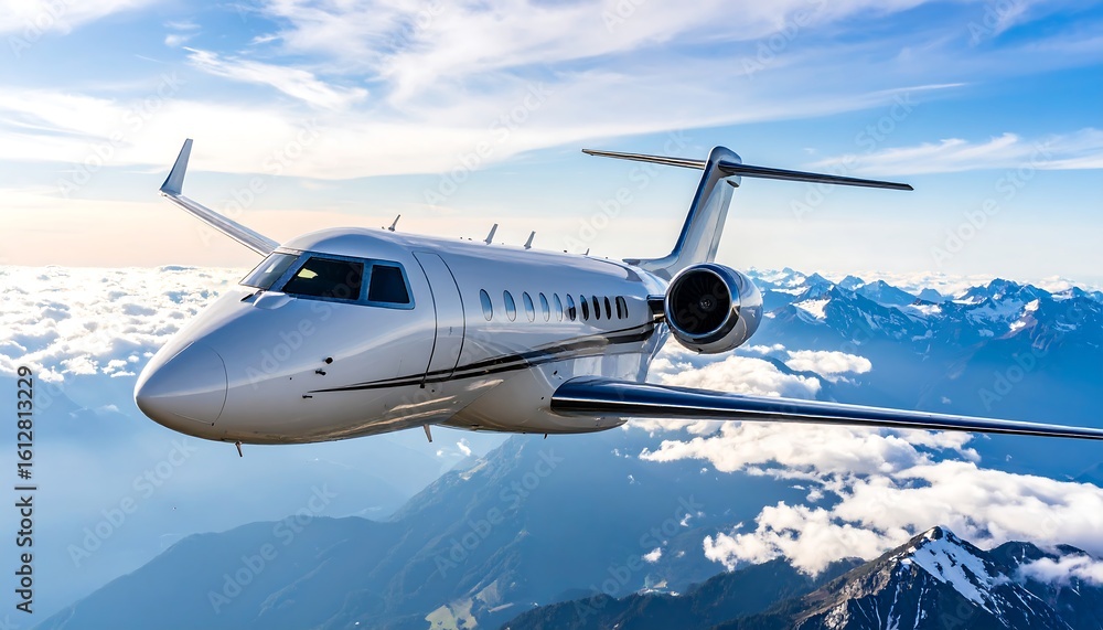 Naklejka premium White private jet in flight above mountainous landscape