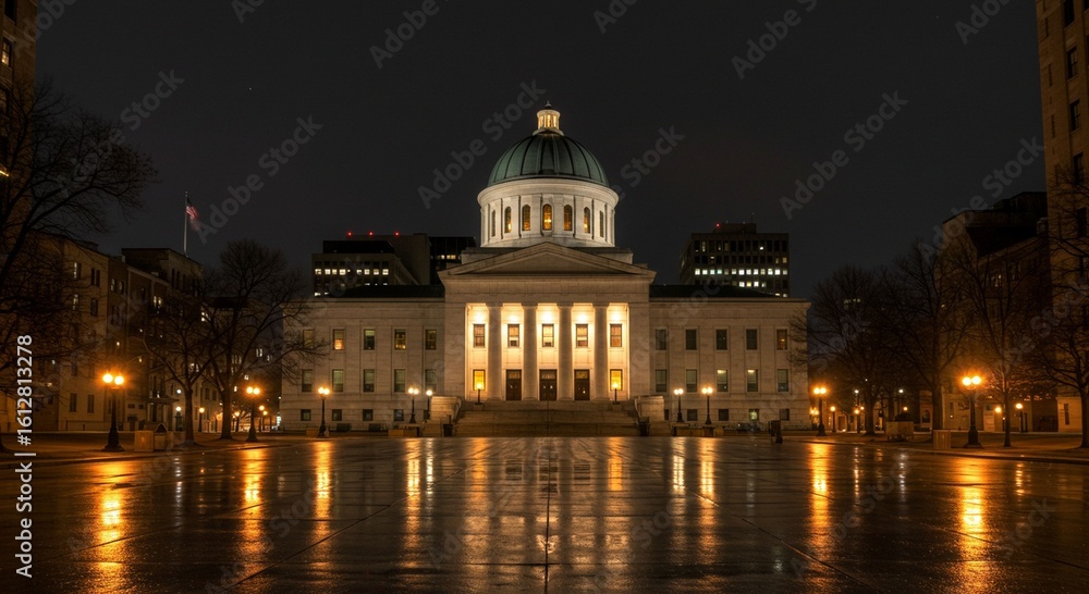 Fototapeta premium Government building nighttime reflection