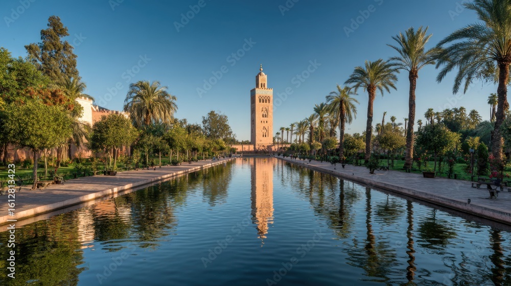 Obraz premium A tall, ornate minaret stands beside a tranquil waterway, surrounded by lush palm trees and vibrant greenery. The scene captures the calm beauty of Marrakech at sunset.