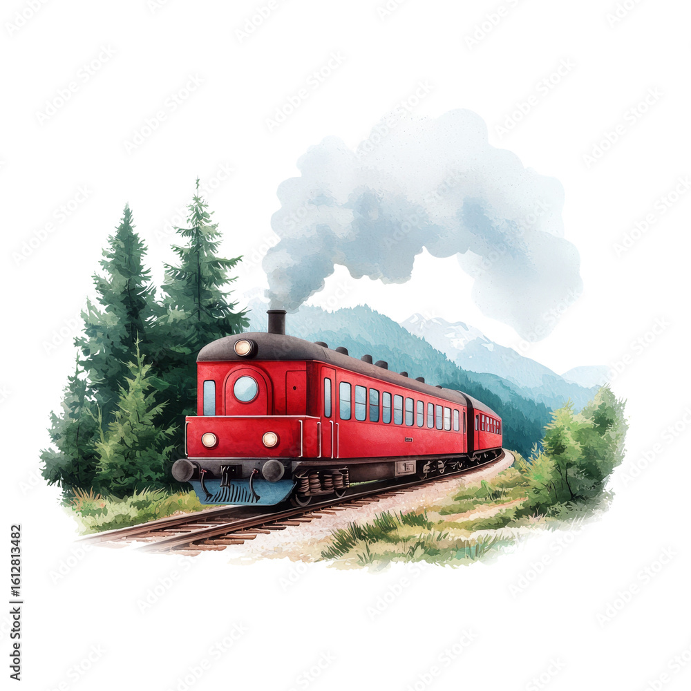Obraz premium Vintage red steam train traveling through scenic mountains