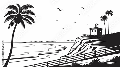 Monochrome Coastal Landscape Illustration: Tropical Beach with Palm Trees, Ocean Waves, Cliffs, and a Scenic Lookout Tower in Black and White Vecto...