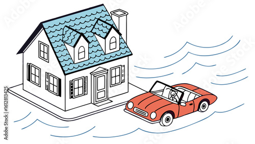 Residential House and Car Submerged in Floodwaters, Illustrated Concept for Natural Disaster, Property Damage, or Insurance Needs