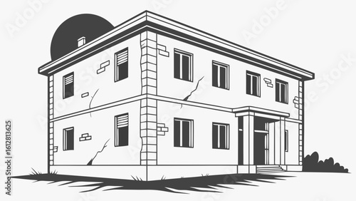 Monochrome Line Art of a Dilapidated Two-Story Building with Cracks. Vintage Architectural Illustration of an Old, Weathered House Evoking Abandonm...