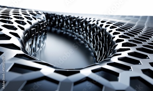 Silver metallic hexagon mesh with geometric texture macro close up