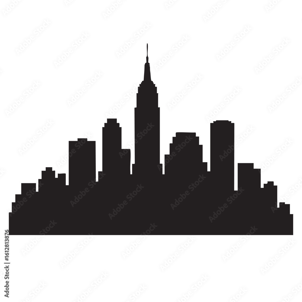 Fototapeta premium Black and white silhouette of a city skyline with a central tall skyscraper urban