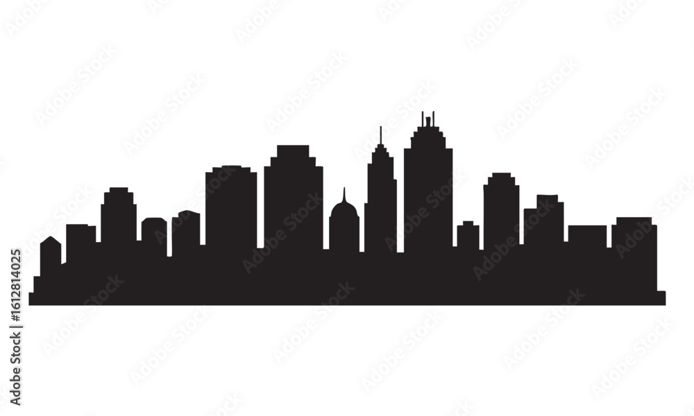 Naklejka premium Black and white silhouette of a city skyline with varied building heights urban cityscape